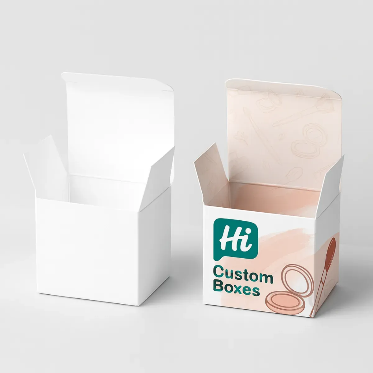 Two tuck-top cosmetic boxes- The left one is plain white- and the right one is printed with -Hi Custom Boxes- branding in teal and peach shades- featuring cosmetic icons inside and outside