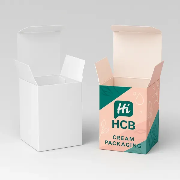Tall tuck top product box mockup with plain white version on the left and a colorful printed design on the right featuring -Hi HCB Cream Packaging- text and pastel graphics