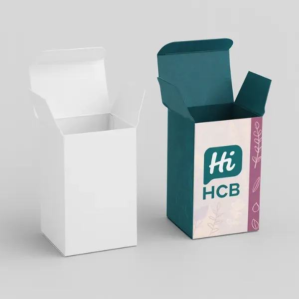 Side-by-side plain white cardboard box and fully printed custom packaging box with Hi Custom Boxes branding- both with open top flaps