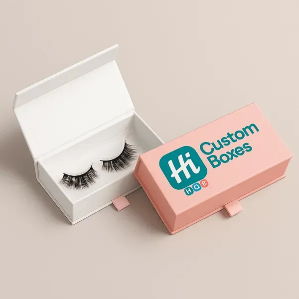Custom eyelash packaging box with magnetic closure shown in pink design with inner tray and lashes
