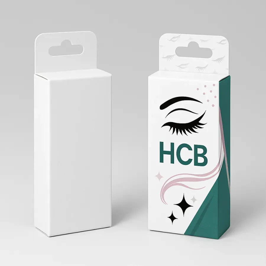 Rectangular hanging tab lash packaging boxes- one blank white and one custom printed with HCB branding- lash artwork- and black star accents on a white and teal background