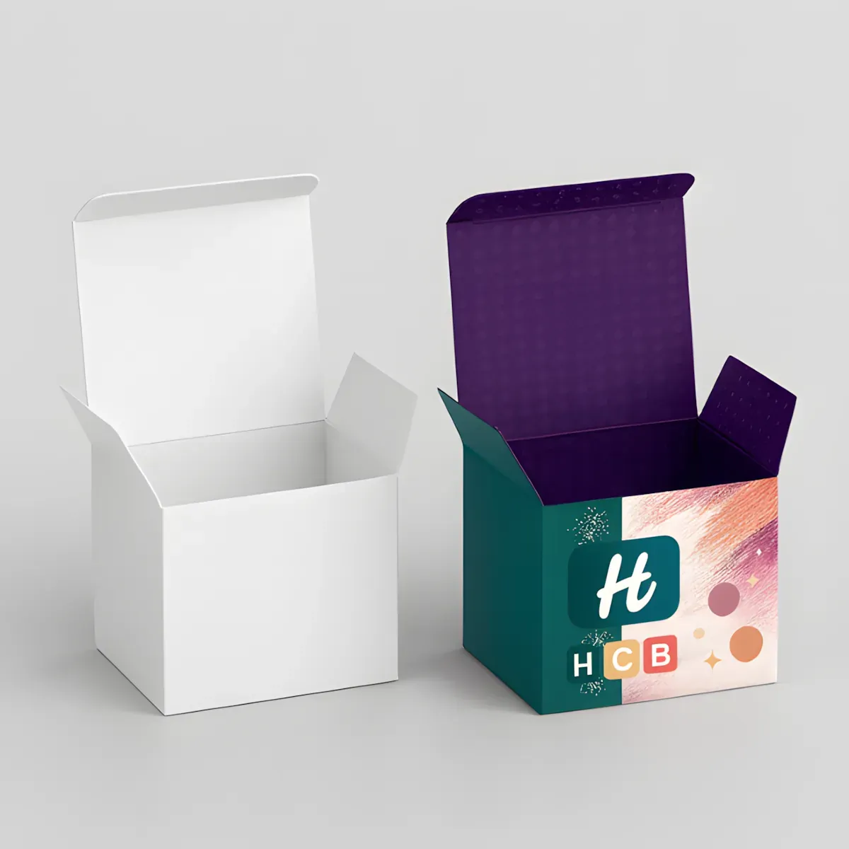 Custom eyeshadow box packaging mockup with plain white version and printed version featuring teal and gold floral design with HCB branding