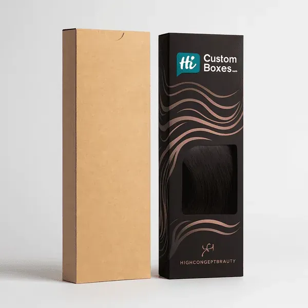 Custom hair packaging box with window and Hi Custom Boxes logo beside plain kraft sleeve
