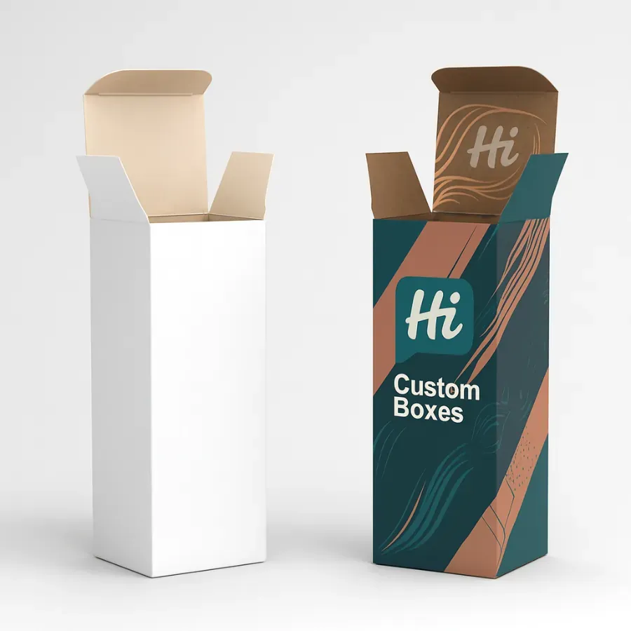 Tall tuck-end packaging boxes for hair or cosmetic products- One plain white box and one printed with Hi Custom Boxes branding in teal and copper diagonal design