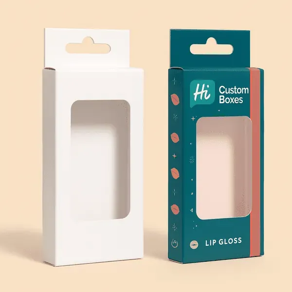 Custom and plain lip gloss boxes with clear window and hang tab ideal for retail cosmetic display
