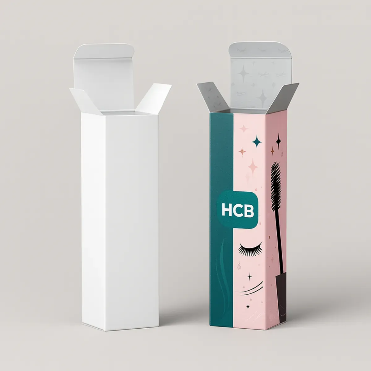 Custom mascara packaging boxes- one plain white and one designed with eyelash and mascara wand illustration in pink and teal colors