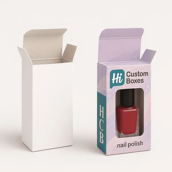 Custom nail polish packaging boxes with window shown in plain white and printed display ready design