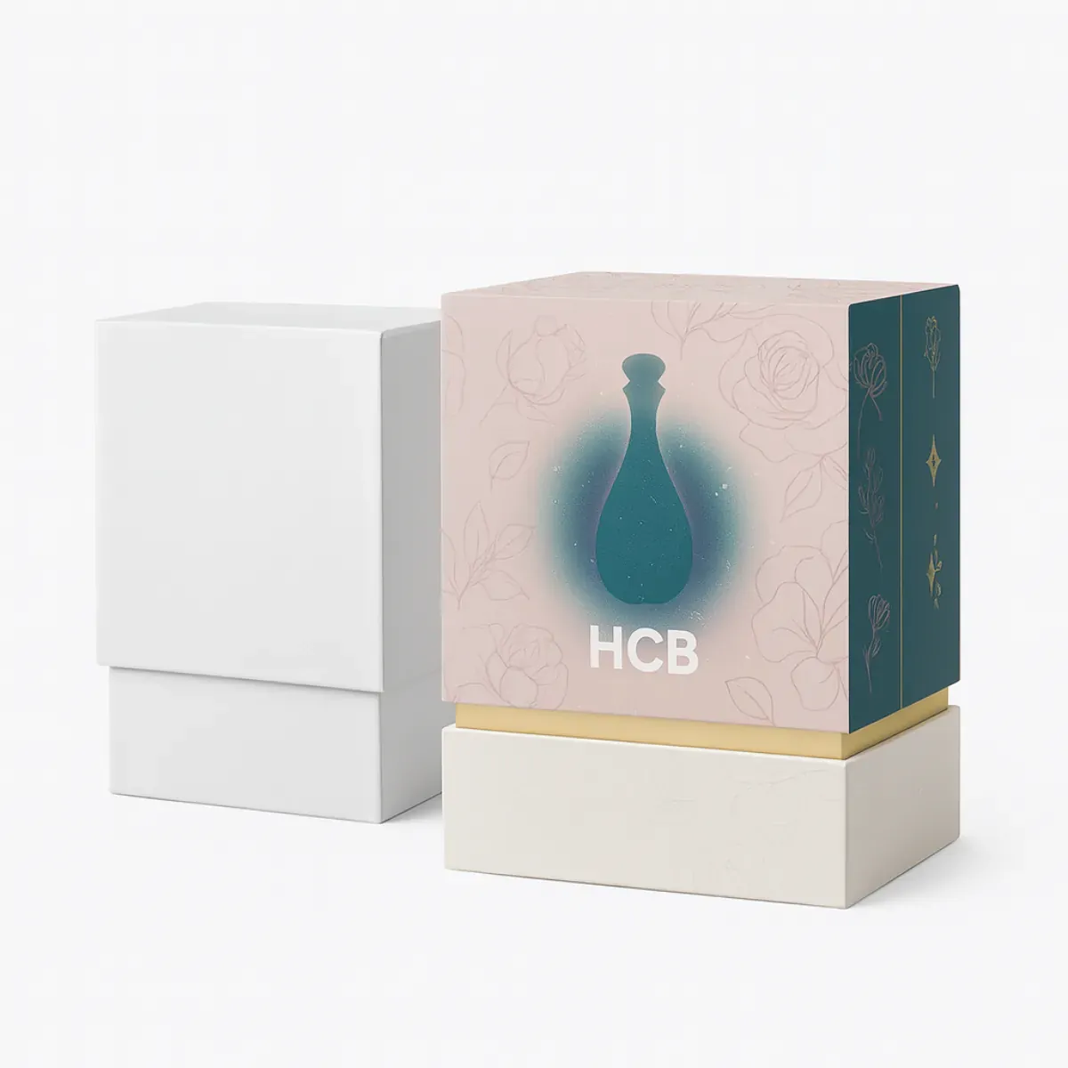 Two open gift boxes- left is plain white with black interior- right is teal with floral design