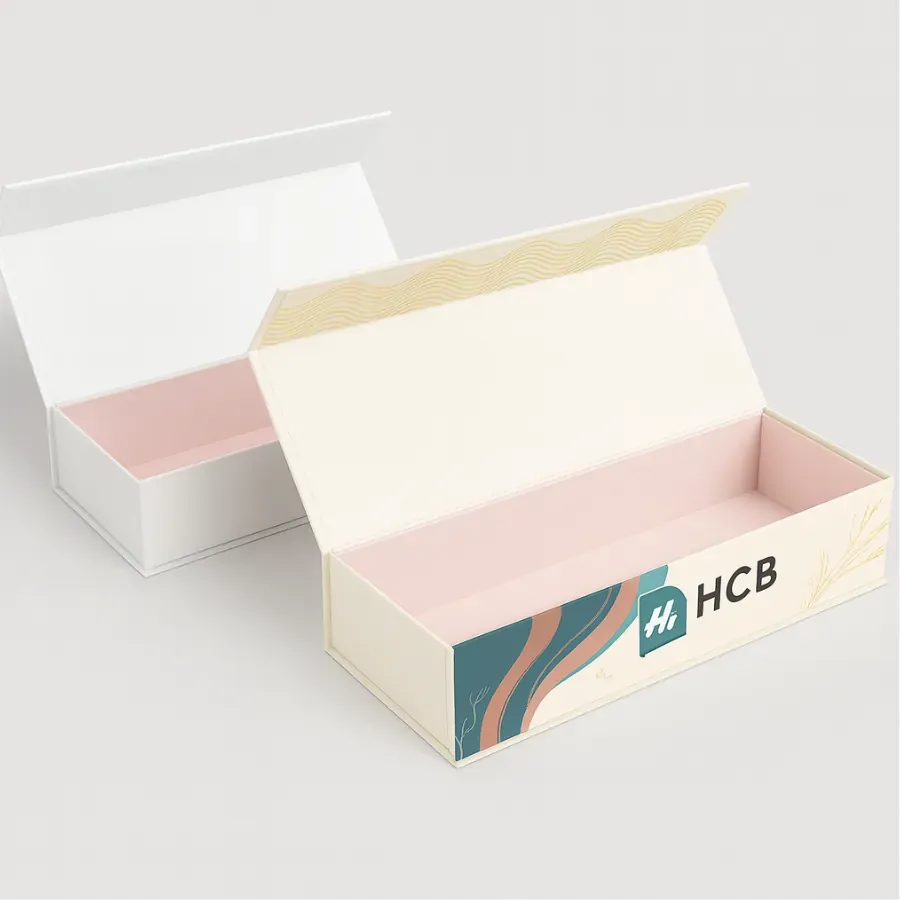 Custom rigid drawer box with ribbon pull tab- plain white on the left and branded design on the right featuring HCB logo and teal ribbon handle