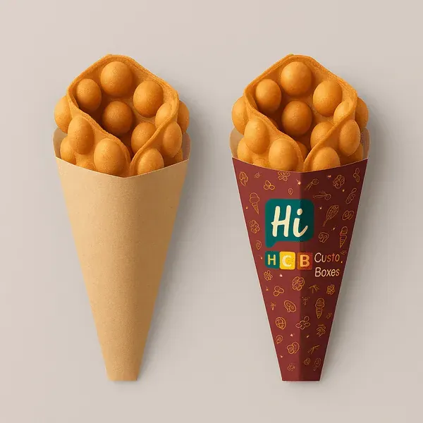 Two bubble waffle sleeves one plain kraft and one printed with Hi HCB branding