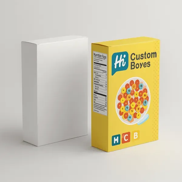 White and yellow cereal boxes one plain and one branded with HCB and nutrition label