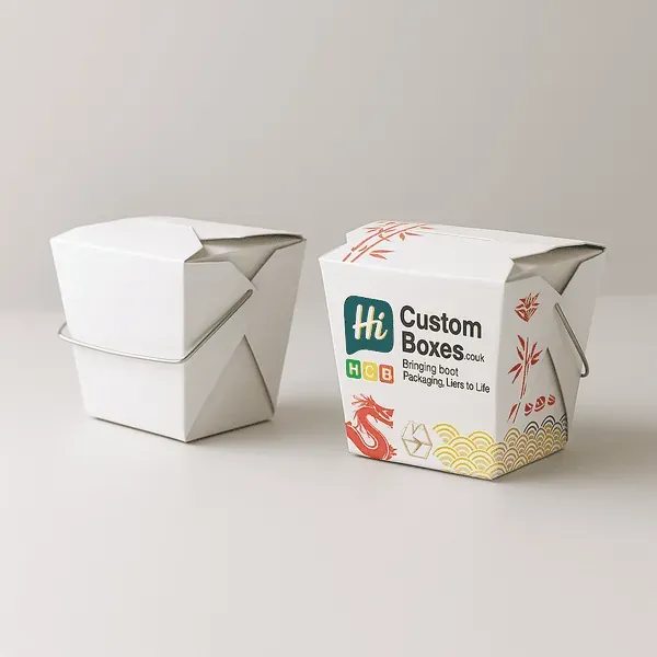 White wire handle Chinese food box with red accents dragon art and Hi Custom Boxes logo