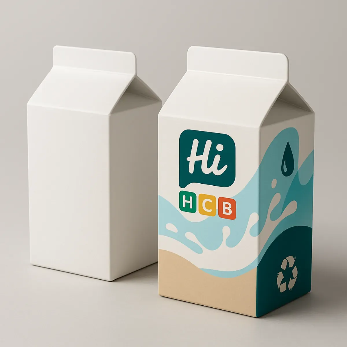 Custom printed and plain gable-top milk carton mockup with teal water splash design- -Hi HCB- branding- and recyclable eco-friendly packaging symbol