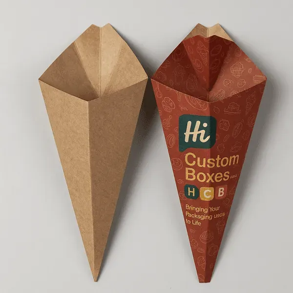 Custom printed and plain kraft pointed cone boxes by Hi Custom Boxes for stylish snack presentation