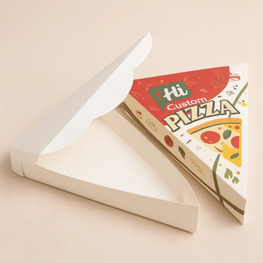 Custom printed pizza slice boxes- open- white folding carton with colorful pizza graphic