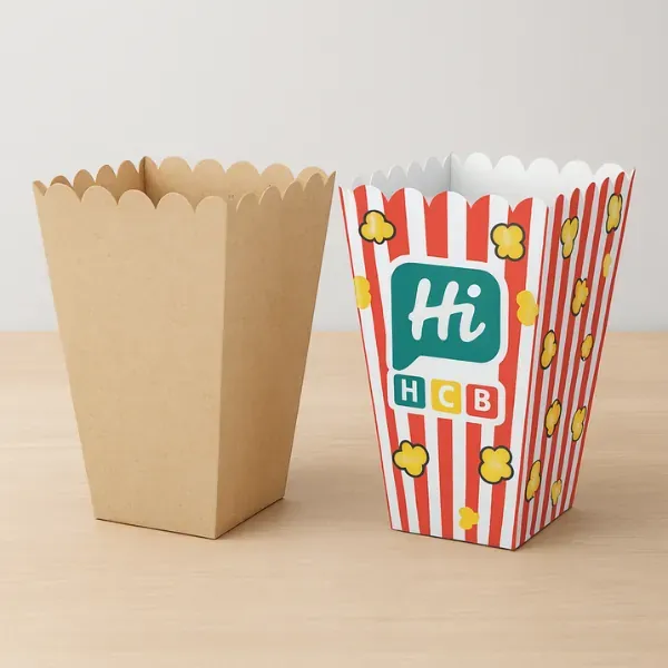 Popcorn boxes with scalloped rims - one kraft and one striped with HCB logo and popcorn graphics