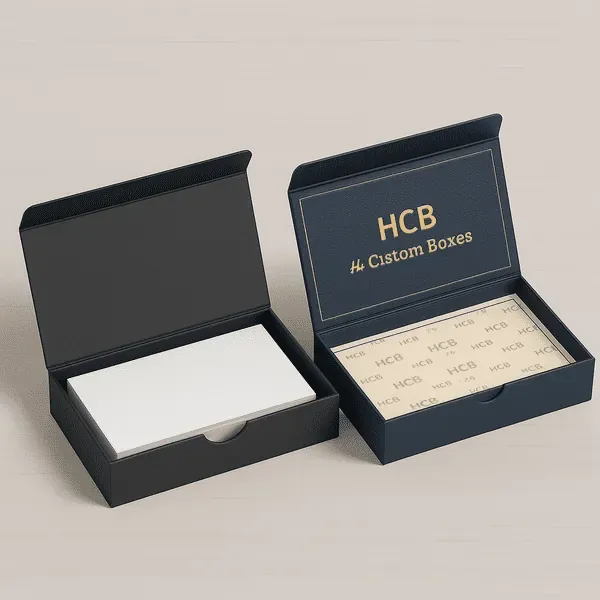 Two elegant rigid boxes with magnetic flaps one plain black with white contents and one custom printed in black with gold HCB Custom Boxes